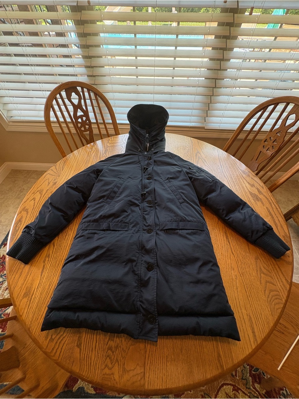 Kenzo Long Navy Blue Down Parka Coat XS Pockets Excellent Condition No Fur Trim